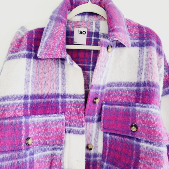 SO Purple White & Pink Flannel Shacket Lapel Collar Button Down Jacket Large - Picture 3 of 9